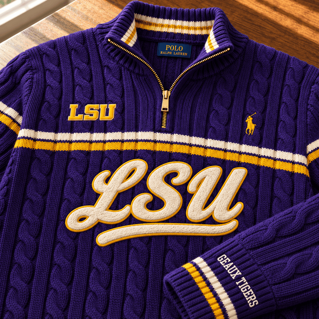 LSUT PREMIUM Varsity Cable-Knit Quarter-Zip Sweater NHVH