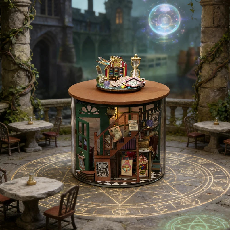 DIY Miniature Dollhouse Kit Magic Emporium Shop with LED Light Wooden Cylindrical House Model Building Set for Kids Adult Birthd