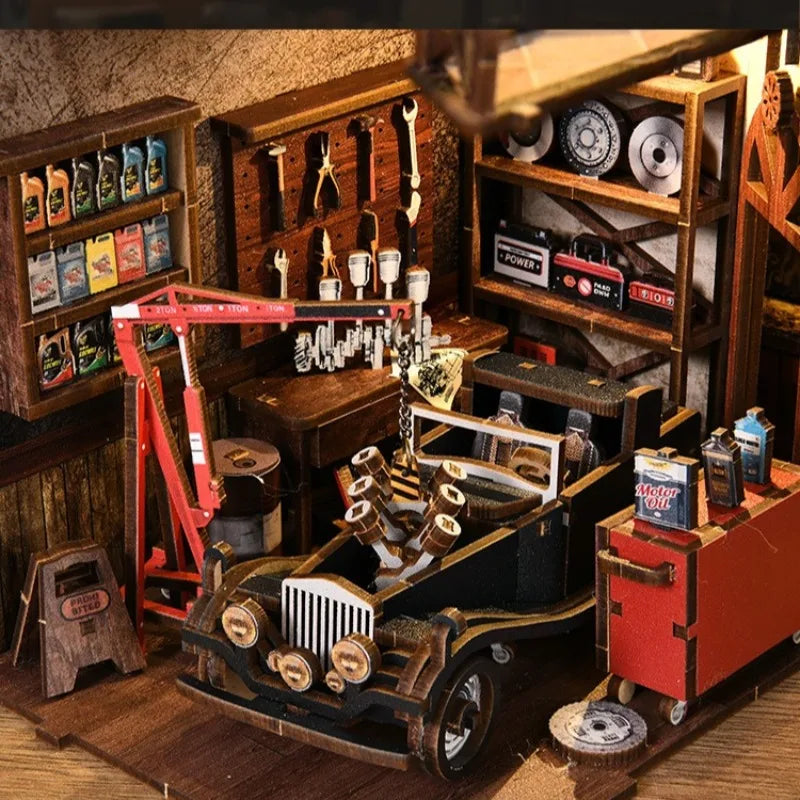 Garage Workshop Miniature House Building Kit, DIY Wooden Puzzle Model Handmade Assembly Toy Creative Gift for Kids Adults