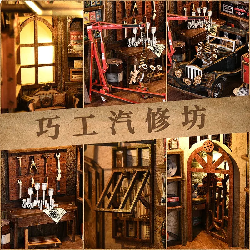 Garage Workshop Miniature House Building Kit, DIY Wooden Puzzle Model Handmade Assembly Toy Creative Gift for Kids Adults
